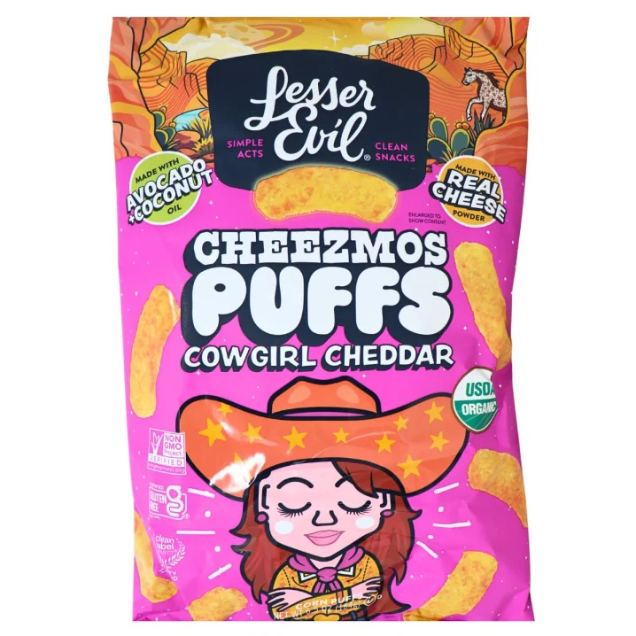 Lesser Evil Cheezmos Organic Cheese Puffs Cowgirl Cheddar Front of bag