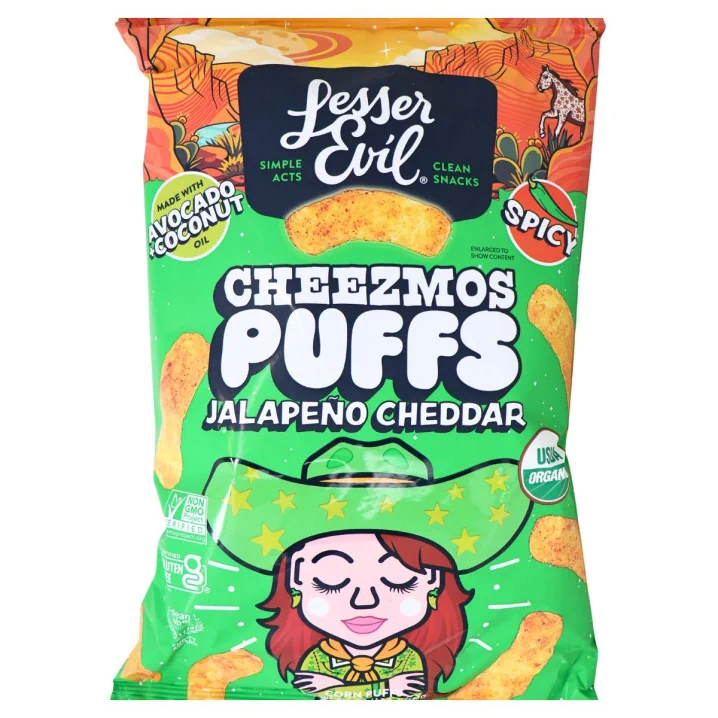Lesser Evil Cheezmos Organic Cheese Puffs Jalapeño Cheddar Front of bag