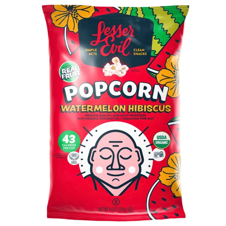 Front of Lesser Evil Organic Popcorn Watermelon Hibiscus - Vegan Popcorn - Gluten Free Popcorn - Made with Real Fruit Popcorn