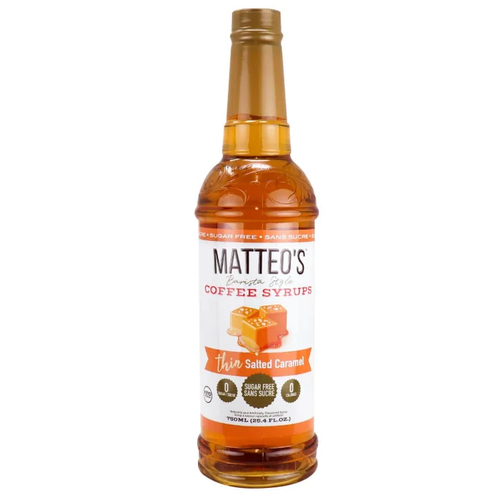 Front of Matteo’s Sugar Free Barista Style Coffee Syrups Thin Salted Caramel, 750mL
