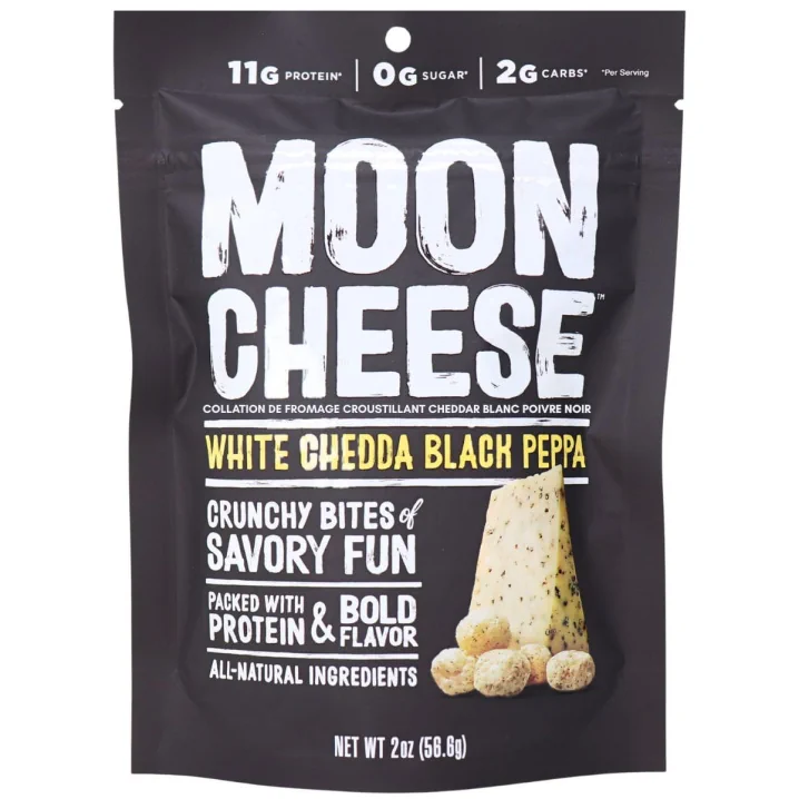 Front of Moon Cheese Crunchy Cheese Snack White Cheddar Black Pepper - High Protein Cheese Snack - Gluten Free Cheese Snack - All Natural Ingredient Snack