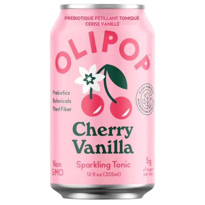 Front of OLIPOP Low Sugar Prebiotic Sparkling Tonic Cherry Vanilla -  Prebiotic Drink - Best Prebiotic Drink - Gut Health Drink