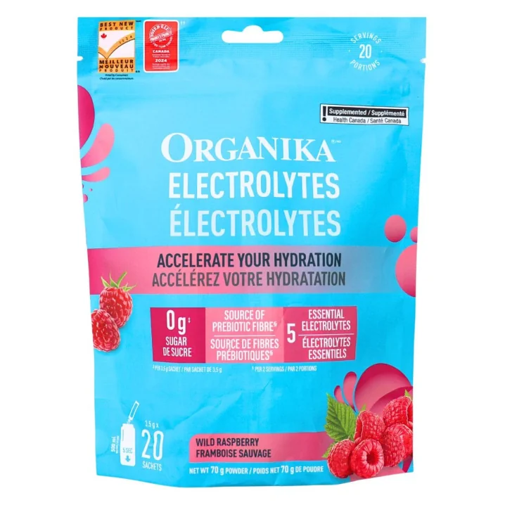 Front of Organika Sugar-Free Electrolytes Powder Wild Raspberry - Electrolyte Packets No Sugar - Organika Electrolytes, Raspberry Electrolytes - Natural Electrolyte Powder