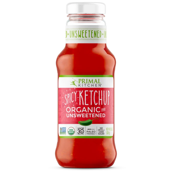 Front of Primal Kitchen Spicy Organic Unsweetened Ketchup, 320g