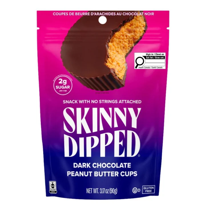 Front of Skinny Dipped Dark Chocolate Peanut Butter Cups - Healthy Peanut Butter Cups - Healthy Reese’s Cups - Sugar Free Peanut Butter Cups