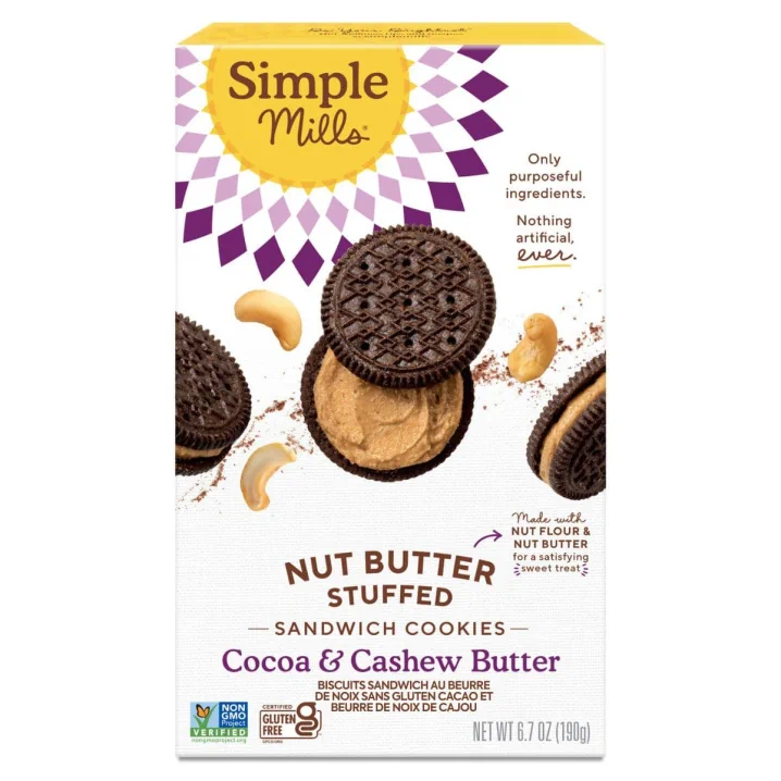 Front of Simple Mills Gluten-Free Nut Butter Sandwich Cookies Cocoa & Cashew Butter, 190g