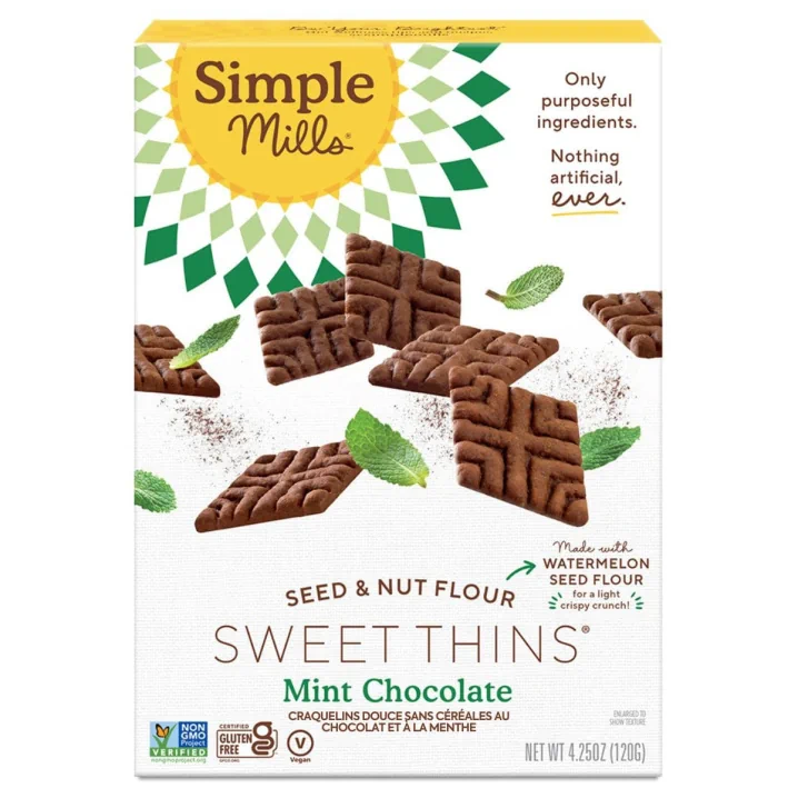 Front of Simple Mills Grain Free Sweet Thins Mint Chocolate, 120g