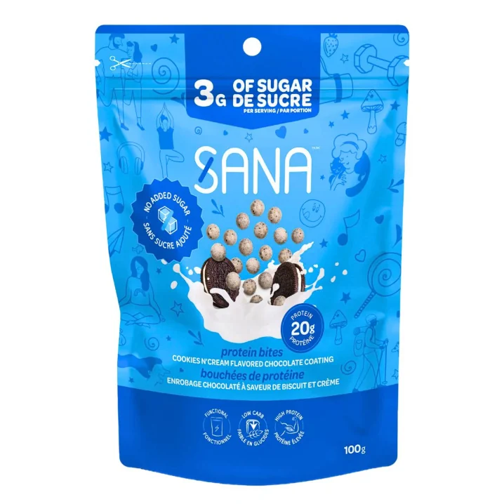 Front of Sana Sweet Life Protein Chocolate Bites High Protein Low Carb Chocolate Cookies And Cream - No Added Sugar Chocolate - Protein Keto Chocolate - High Protein Low Sugar Chocolate