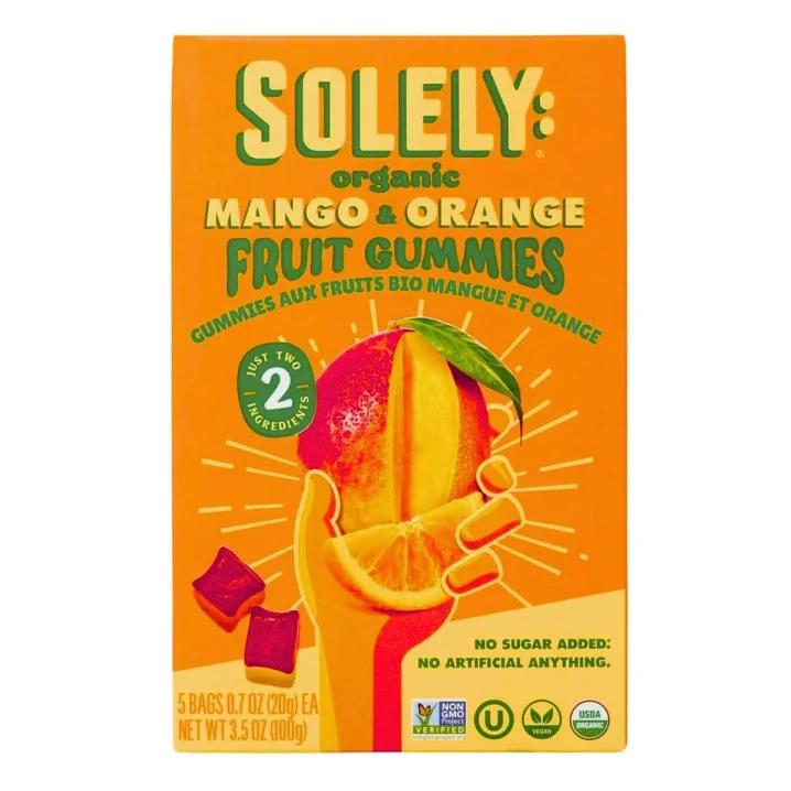 Front of Solely Organic Mango & Orange Whole Fruit Gummies, 100g