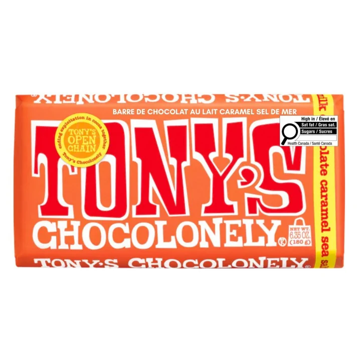 Front of Tony's Chocolonely Milk Chocolate Caramel Sea Salt - Fair Trade Chocolate - Best Chocolate Canada