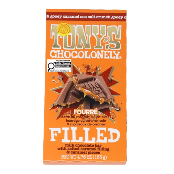 Tony's Chocolonely Filled Milk Chocolate Bar with Salted Caramel Filling & Caramel Pieces Front of bar