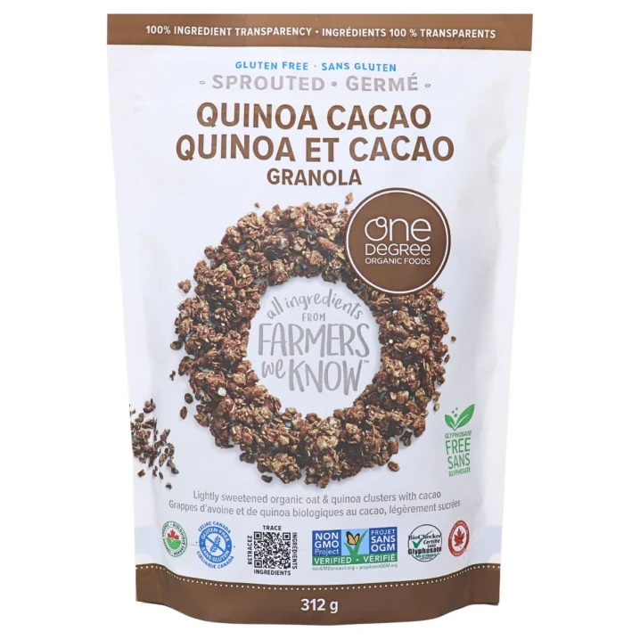 Front of One Degree Organic Sprouted Granola Quinoa Cacao - Vegan Gluten Free Granola - Healthy Quinoa Granola - Vegan Chocolate Granola