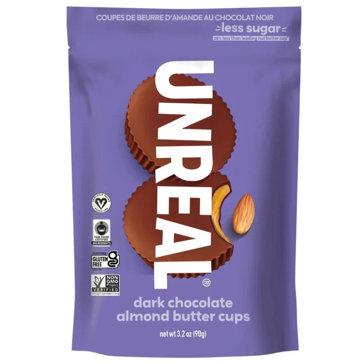 Front of Unreal Dark Chocolate Almond Cups - Vegan nut butter cups - Healthy dark chocolate almond butter cups - Vegan chocolate