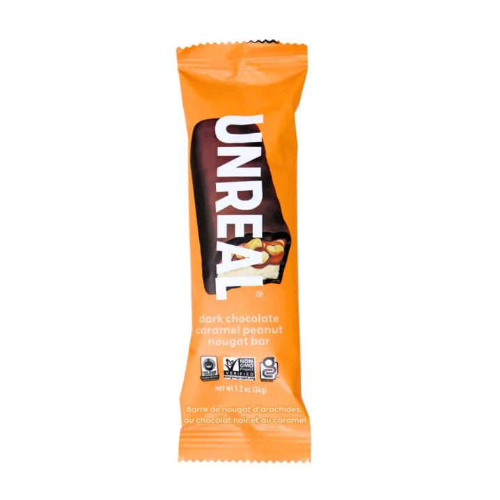 Front of Unreal Bar - Unreal Chocolate Caramel Peanut Nougat Bar - Fair Trade Chocolate Canada - Unreal Candy Bars - Healthy Chocolate Snacks - Dark Chocolate Bar