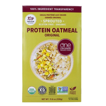 Front of One Degree Organic Foods High-Protein Sprouted Oatmeal Original  - whole grain oats - clean label cereal - plant-based protein oatmeal