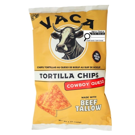 Vaca Chips Tortilla Chips made with Beef Tallow Cowboy Queso Front