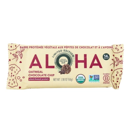 Front of ALOHA Protein Bars ALOHA Bars Organic Plant-Based Protein Bar Chocolate Chip Protein Bar Oatmeal Protein Bar
