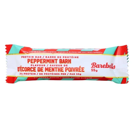 Front of Barebells Protein Bar Peppermint Bark - holiday protein treat - post-workout snack - peppermint protein bar
