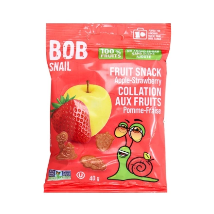 Front of Bob Snail Real Fruit Snack - No Added Sugar Fruit Snack - Natural Fruit Snack - Apple Strawberry