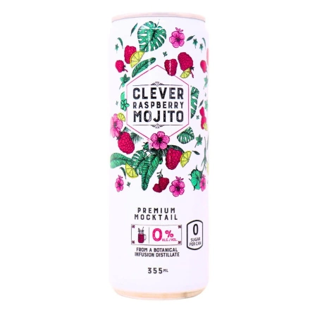Front of Clever Mocktails Non-Alcoholic Raspberry Mojito Drink Sugar-Free