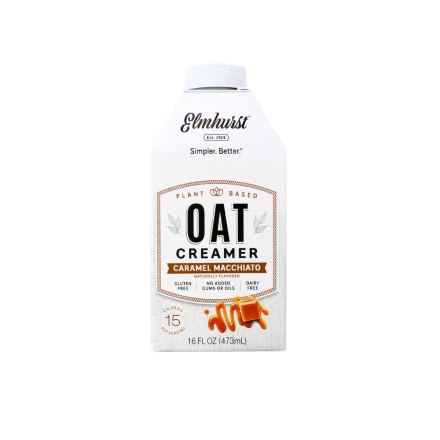Front of Elmhurst Plant-Based Oat Creamer Caramel Macchiato, 473mL