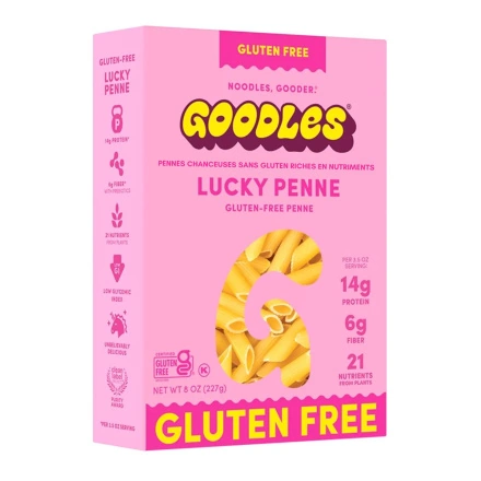 Front of Goodles Noodles - Goodles Gluten Free Pasta - Gluten Free Penne - High Protein Pasta - High Fibre Pasta - Low GI Pasta