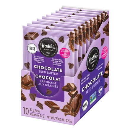 Front of Healthy Crunch Seed Butter Chocolate Pouches - Keto Chocolate Spread - Butter Pouches - Nut Butter Packets