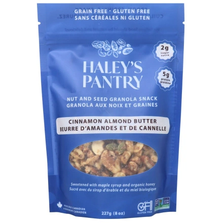 Front of Haley’s Pantry Granola Cinnamon Almond Butter - low sugar granola - plant-based protein - heart healthy snack
