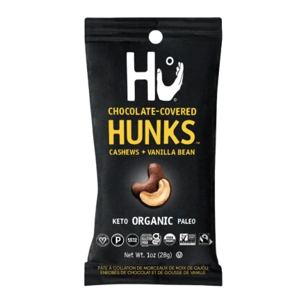 Front of Hu Kitchen Chocolate-Covered Hunks Cashews + Vanilla Bean Snack Pack - Vegan Chocolate Nuts - Natural Chocolate Snacks - Healthy Chocolate Snacks