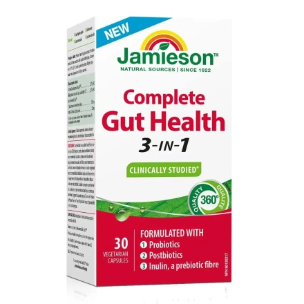 Front of Jamieson Complete Gut Health 3-in-1 With Probiotics Prebiotics And Inulin - Gut Health Supplement - Best Gut Health Supplement - Canadian Probiotics