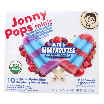 JonnyPops Organic Mini Popsicles With Electrolytes Blue Raspberry Variety Pack Front of box
