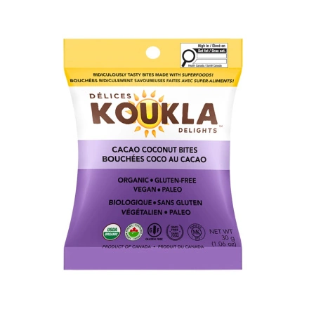Front of Koukla Delights Organic Gluten-Free Snack Bites Cacao Coconut - Vegan Chocolate Coconut Snacks - No Refined Sugar Chocolate Snacks -Coconut Chocolate Snack Bites Canada