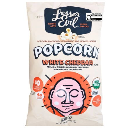 Front of Lesser Evil Organic Popcorn No Cheese Cheesiness - Vegan Popcorn - Gluten Free Popcorn - Vegan Cheese