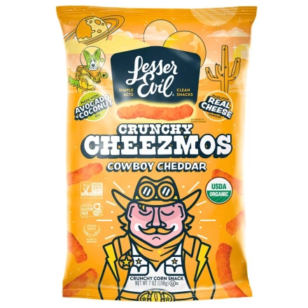 Lesser Evil Cheezmos Organic Crunchy Corn Cowboy Cheddar Front