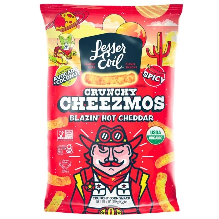 Lesser Evil Cheezmos Organic Crunchy Corn Blazin’ Hot Cheddar Front 