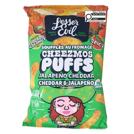 Lesser Evil Cheezmos Organic Cheese Puffs Jalapeño Cheddar Front of bag