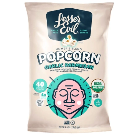 Front of Lesser Evil Organic Popcorn Homer's Blend Garlic Parmesan Popcorn