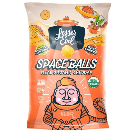 Front of Lesser Evil Organic Corn Puffs Space Balls Real Cheddar - Corn Puffs - Puffs Chips - Gluten Free Corn Puffs