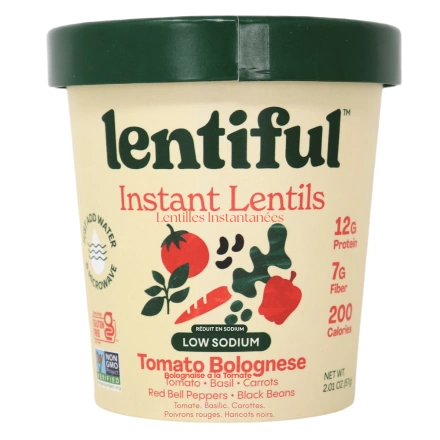 Front of Lentiful Instant Lentils Low Sodium Tomato Bolognese - Vegan Lentil Meal - Instant Lentil Cup - Gluten Free Lentil Meal Cup