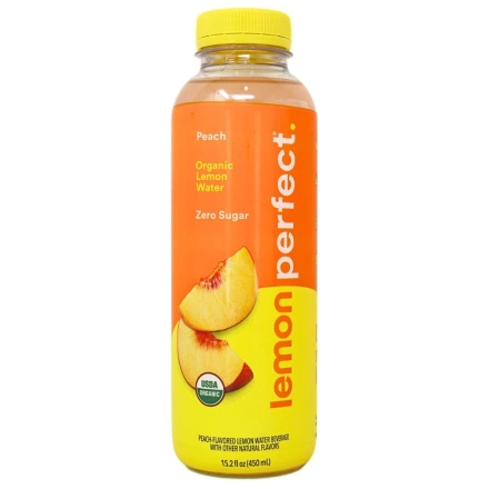Front of Lemon Perfect Zero Sugar Organic Lemon Water Peach -  Lemon Water Benefits - Healthy Flavoured Water - Detox Lemon Water
