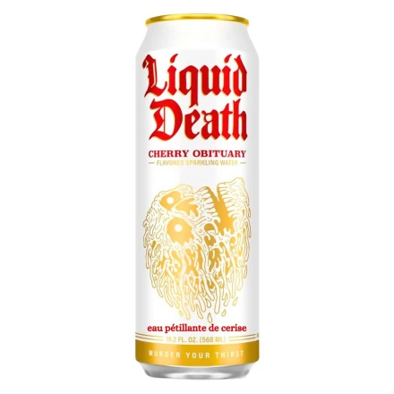 Front of Liquid Death Cherry Obituary Cherry Flavoured Sparkling Water Can - Canned Sparkling Water - Water In A Can - Sparkling Water Can