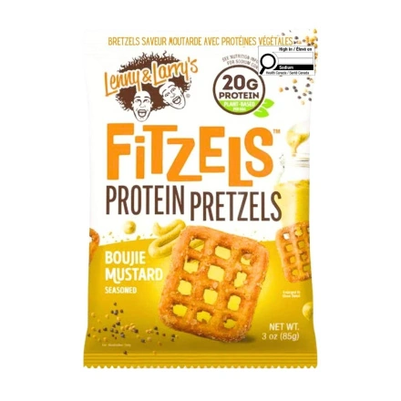 Front of Lenny & Larry’s High Protein Fitzels Boujie Mustard - High Protein Snacks - Pretzel Crisps - Pretzels Healthy