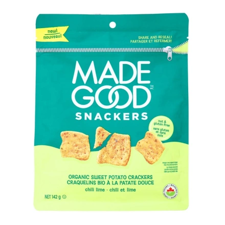 Front of MadeGood Snackers Organic Sweet Potato Crackers Chili Lime Canada