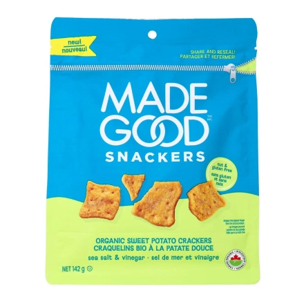 Front of MadeGood Snackers Organic Sweet Potato Crackers Sea Salt & Vinegar Canada Front