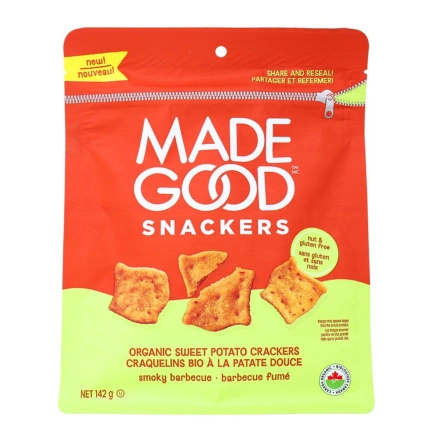 Front of MadeGood Snackers Organic Sweet Potato Crackers Smoky Barbecue Canada