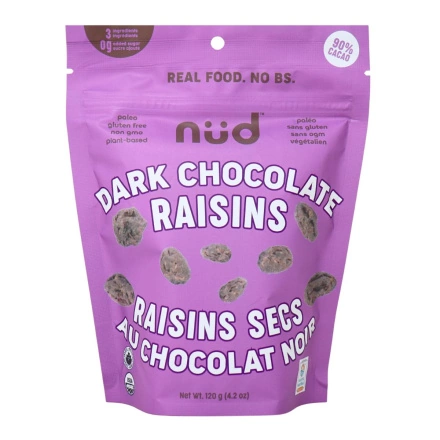 Front of Nud Organic Dark Chocolate-Covered Raisins - Paleo Snack - Grain Free Snack - Gluten Free Snack