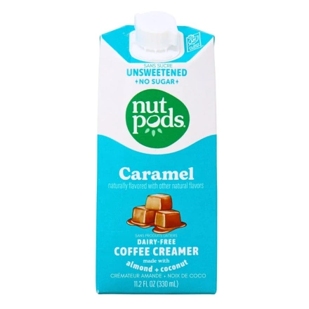Front of Nutpods Unsweetened & Dairy-Free Almond + Coconut Creamer Caramel - Vegan Coffee Creamer - Coconut Coffee Creamer - Non Dairy Coffee Creamer