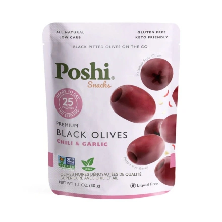 Front of Poshi Premium Black Pitted Olives with Chili & Garlic - Pitted Black Olives - Low Calorie Olives - Marinated Olives
