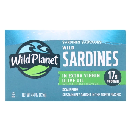 Front of Wild Planet Non-GMO Wild Sardines in Extra Virgin Olive Oil Lightly Smoked - Healthy Canned Fish - High Protein Meal - Sustainably Caught Sardines