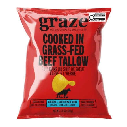 Graze Potato Chips Kettle Cooked in Grass-Fed Beef Tallow Cheddar + Sour Cream & Onion Front of bag
